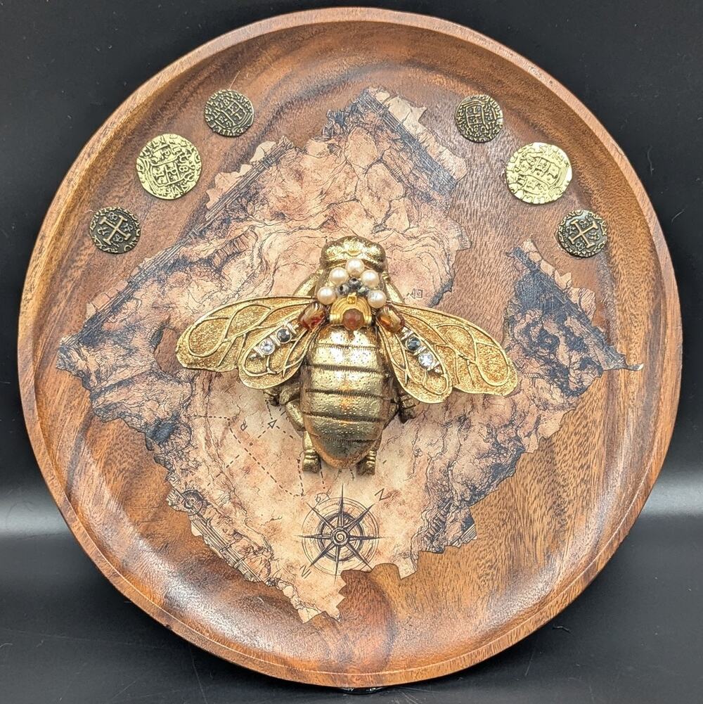 Jeweled Bee Treasure Map Wall Art 12" Handmade Mixed Media Wood